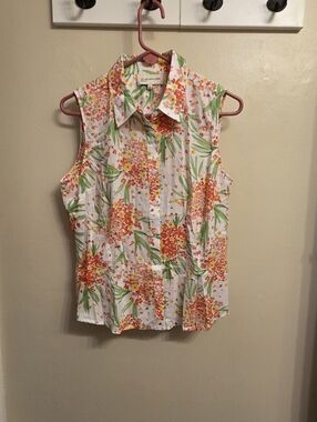 Jones New York Sport Floral Sleeveless Button Up Shirt Large Orange Green